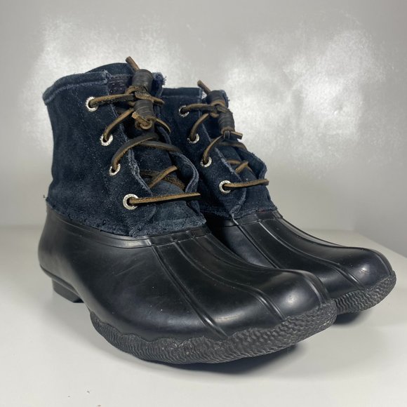Sperry Top Sider Women Boots Waterproof Duck Boots Zip Lace Up Rubber Black Sz 6 - Picture 1 of 15